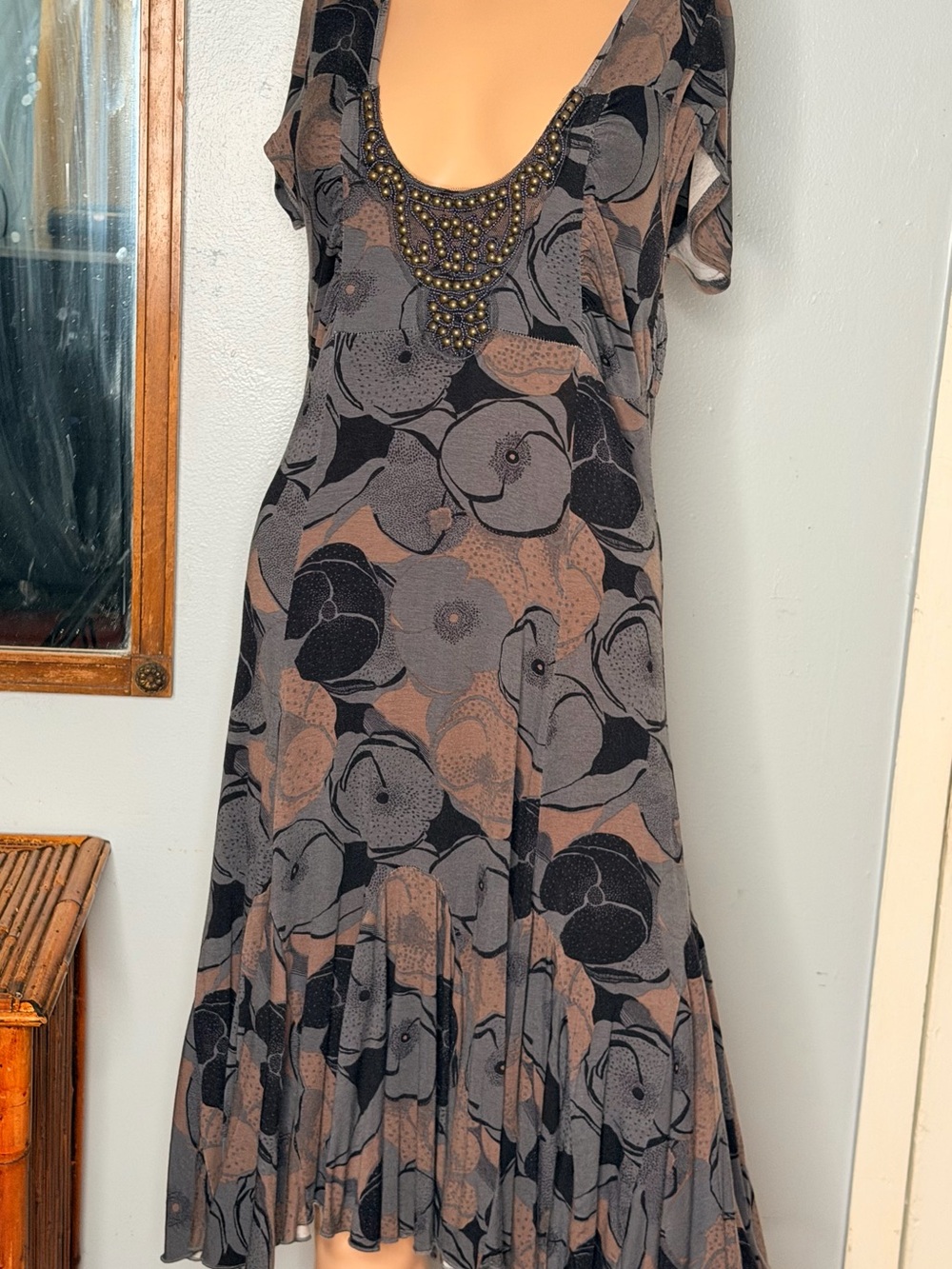 Vintage 90s Free People Floral Knee Length Beaded Dress Size M